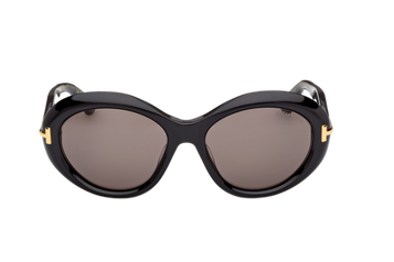 Tom Ford FT1328-F (01A) sunglasses – front view in shiny black acetate with round oversized lenses and gold T detailing, available at Lifestyle Optical Sydney in Westfield Sydney