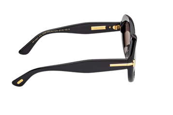 Tom Ford FT1328-F Sunglasses – Shiny Black with gold “T” temple detailing, side profile view | Available at Lifestyle Optical Sydney