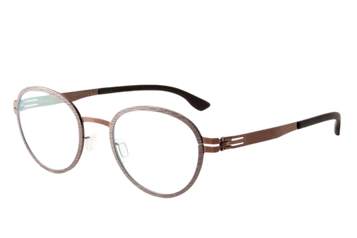 ic! berlin Gallium IC5326 eyeglasses in Shiny Copper and Teak – lightweight round full-rim carbon fibre-inspired frame, angled product view.