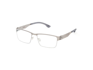 Angled view of ic berlin Hania L eyeglass frame in Chrome finish, showcasing its ultra-light stainless steel structure and screwless hinge design. Available at Lifestyle Optical, Sydney CBD, Level 2, Westfield Sydney