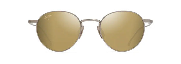 Front view of Maui Jim KA’APEHA sunglasses with polarised gold lenses and slim matte titanium frame, showing classic round silhouette. Available at Lifestyle Optical, Sydney CBD, Westfield Sydney, Level 2.